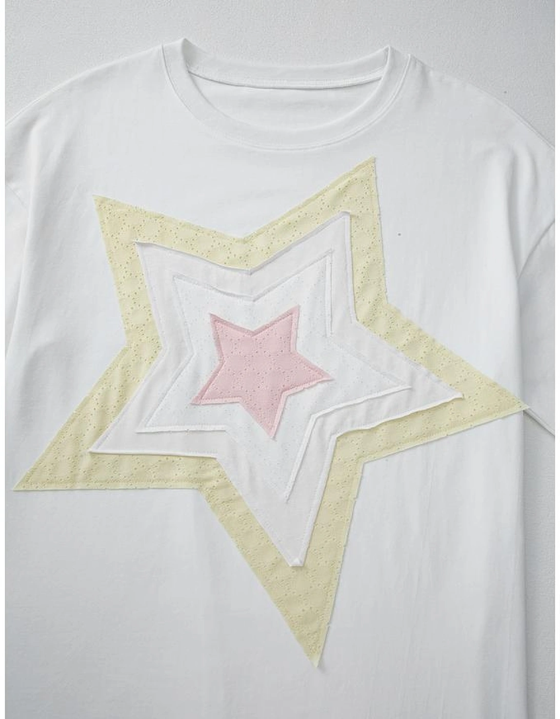 White Star Layered Patched Graphic Drop Shoulder Half Sleeve Loose Tee