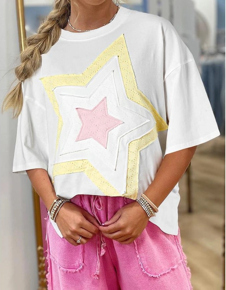 White Star Layered Patched Graphic Drop Shoulder Half Sleeve Loose Tee