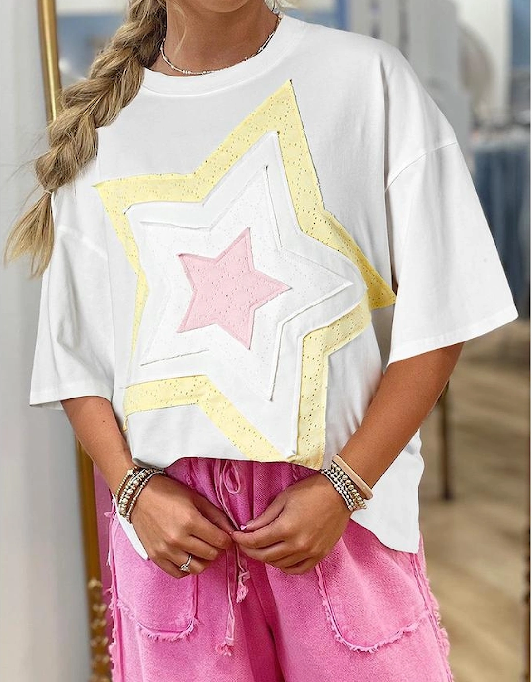 White Star Layered Patched Graphic Drop Shoulder Half Sleeve Loose Tee