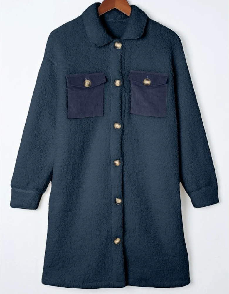 Blue Contrast Flap Pocket Single Breasted Teddy Coat