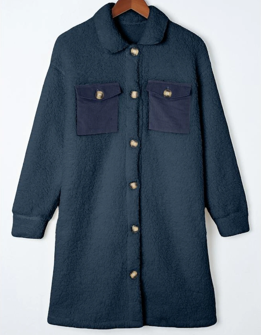 Blue Contrast Flap Pocket Single Breasted Teddy Coat, 16 of 15