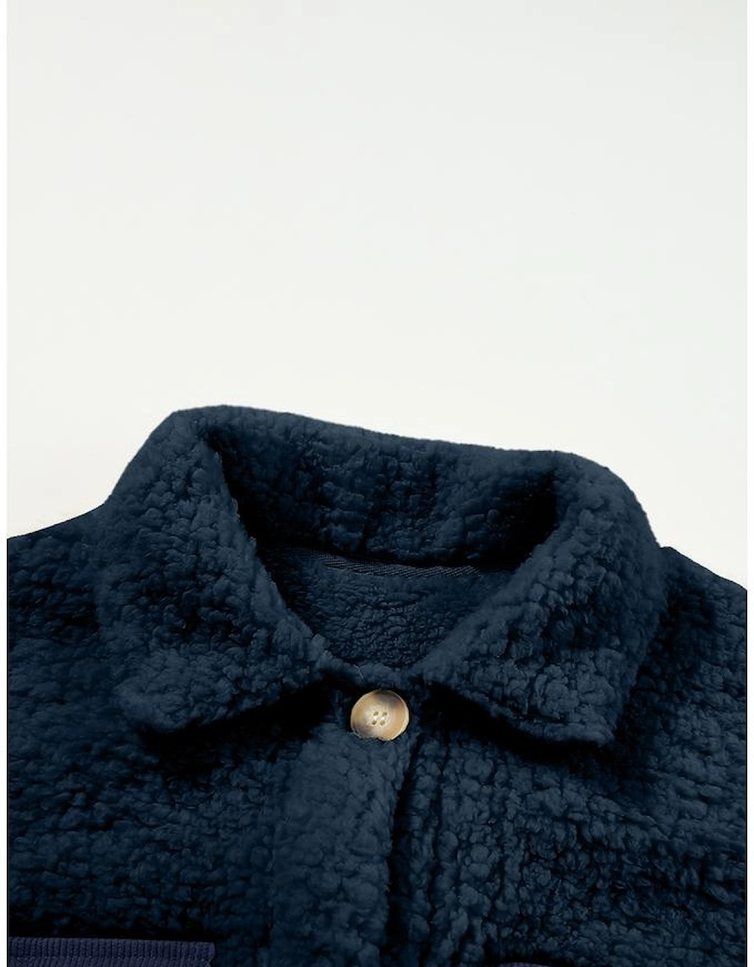 Blue Contrast Flap Pocket Single Breasted Teddy Coat