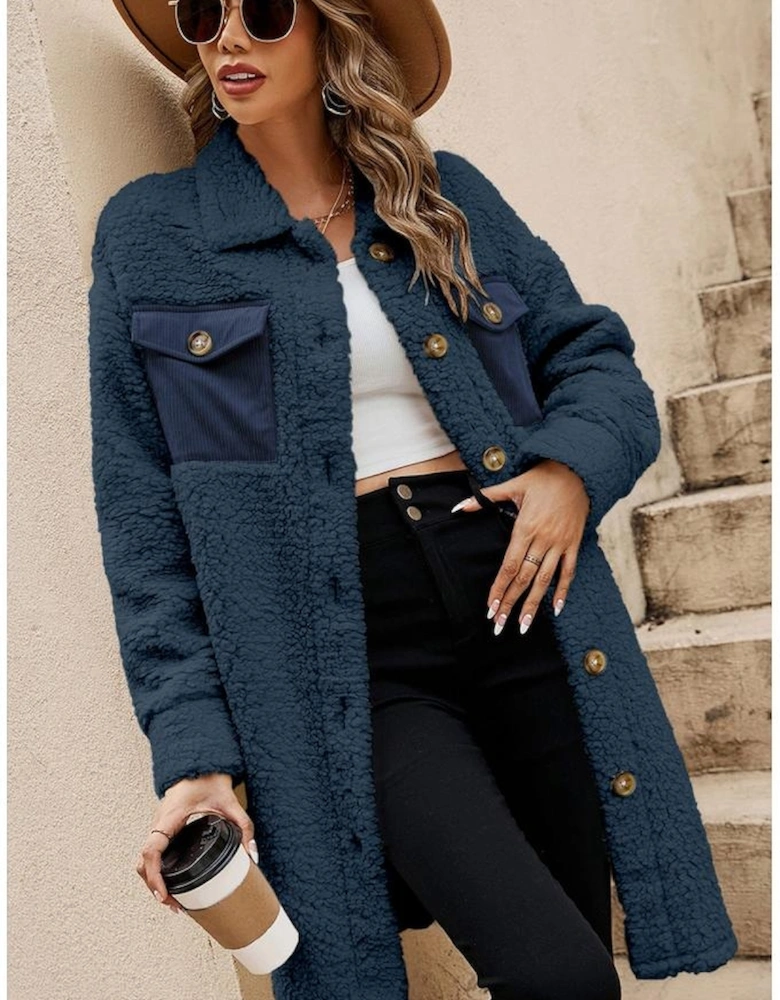 Blue Contrast Flap Pocket Single Breasted Teddy Coat