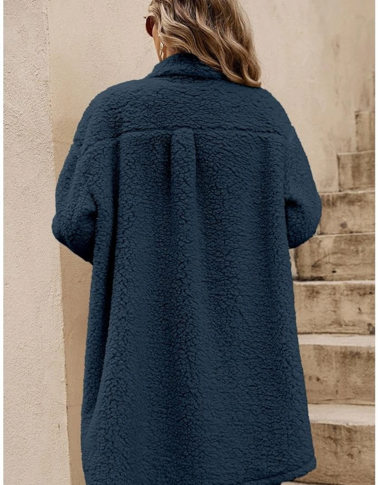 Blue Contrast Flap Pocket Single Breasted Teddy Coat