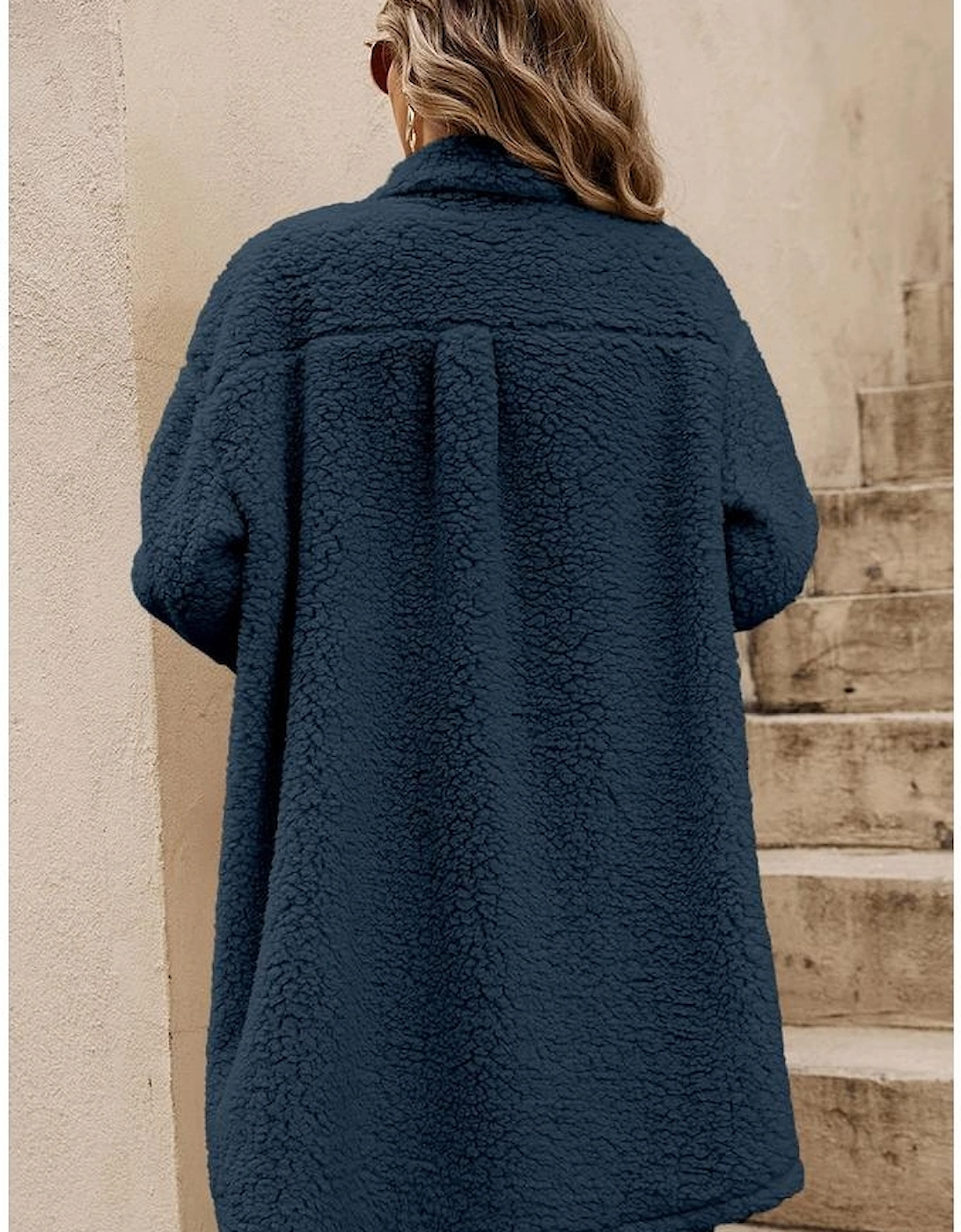 Blue Contrast Flap Pocket Single Breasted Teddy Coat