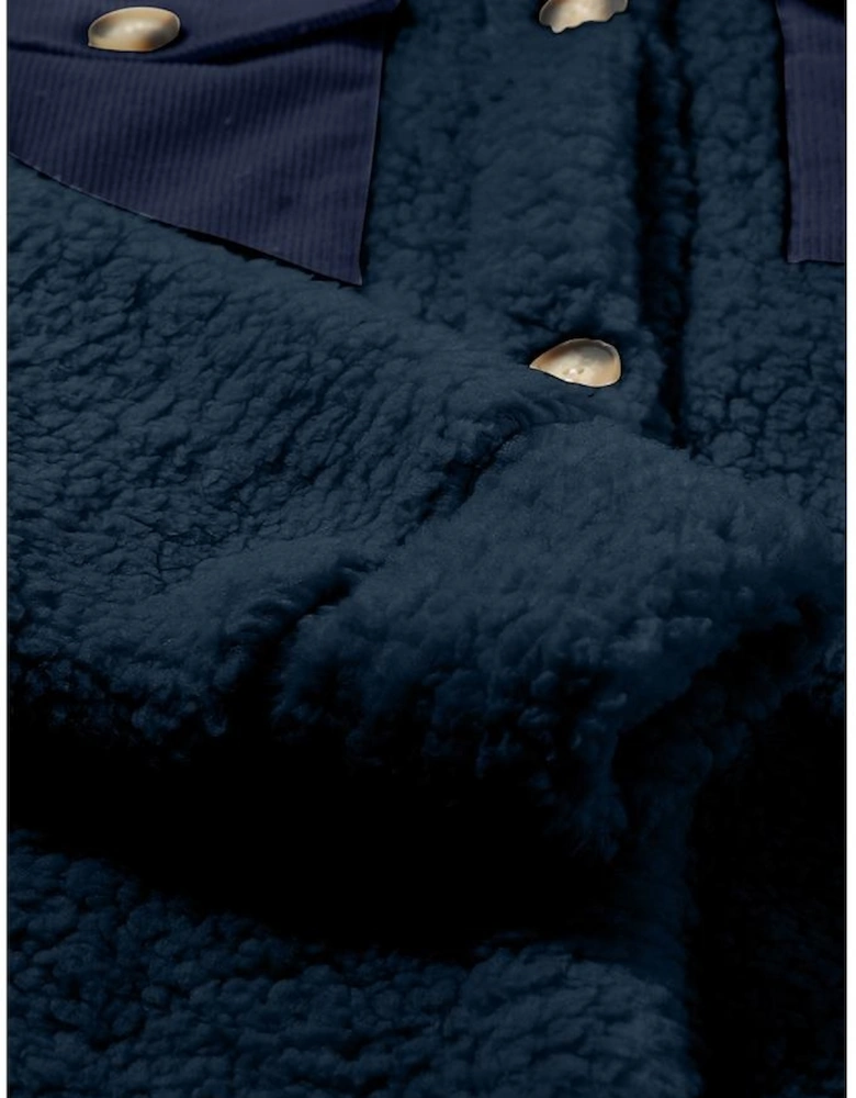 Blue Contrast Flap Pocket Single Breasted Teddy Coat