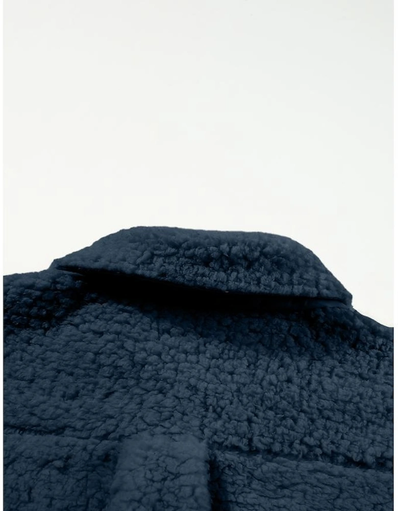 Blue Contrast Flap Pocket Single Breasted Teddy Coat