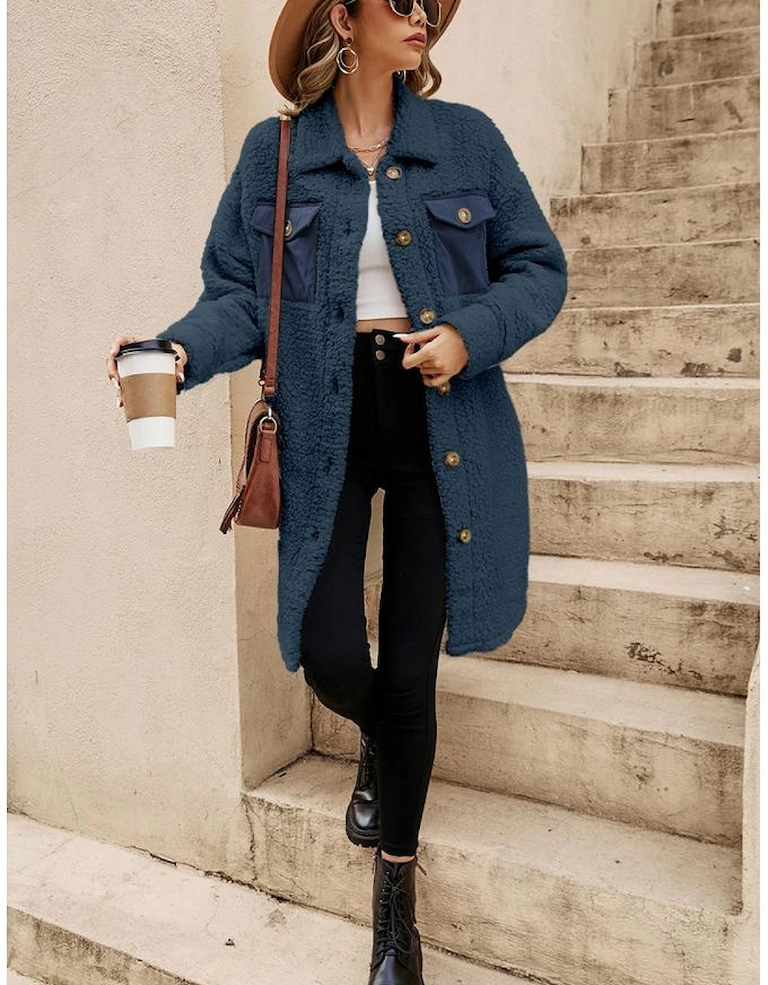 Blue Contrast Flap Pocket Single Breasted Teddy Coat