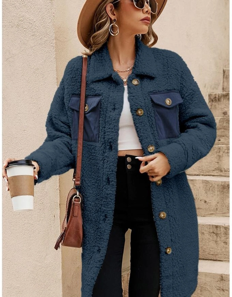 Blue Contrast Flap Pocket Single Breasted Teddy Coat