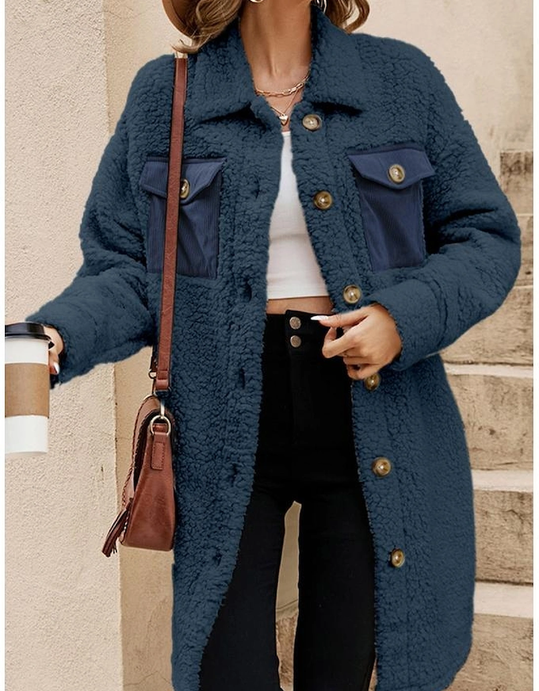 Blue Contrast Flap Pocket Single Breasted Teddy Coat