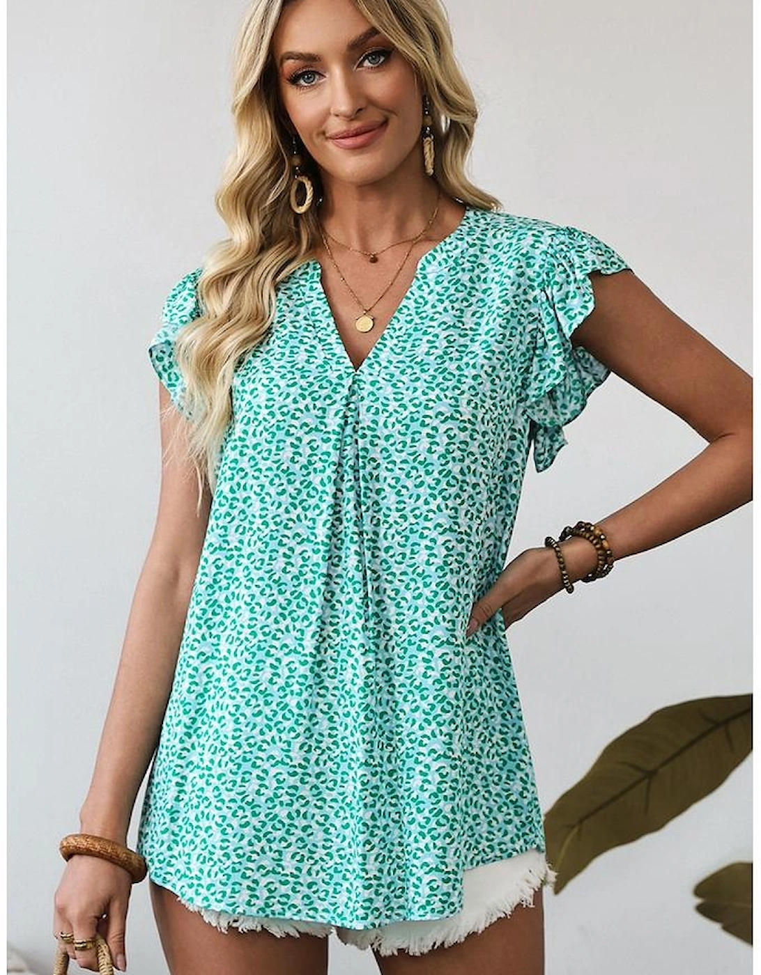 Green Notched V Neck Leopard Ruffle Short Sleeve Blouse