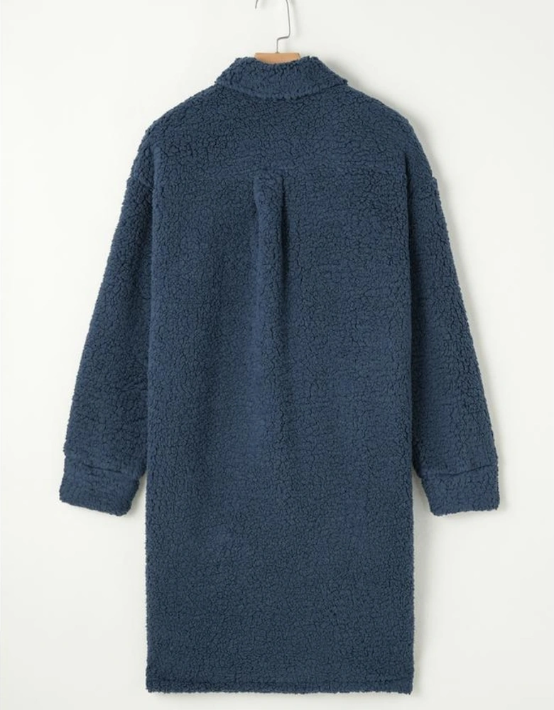 Blue Contrast Flap Pocket Single Breasted Teddy Coat