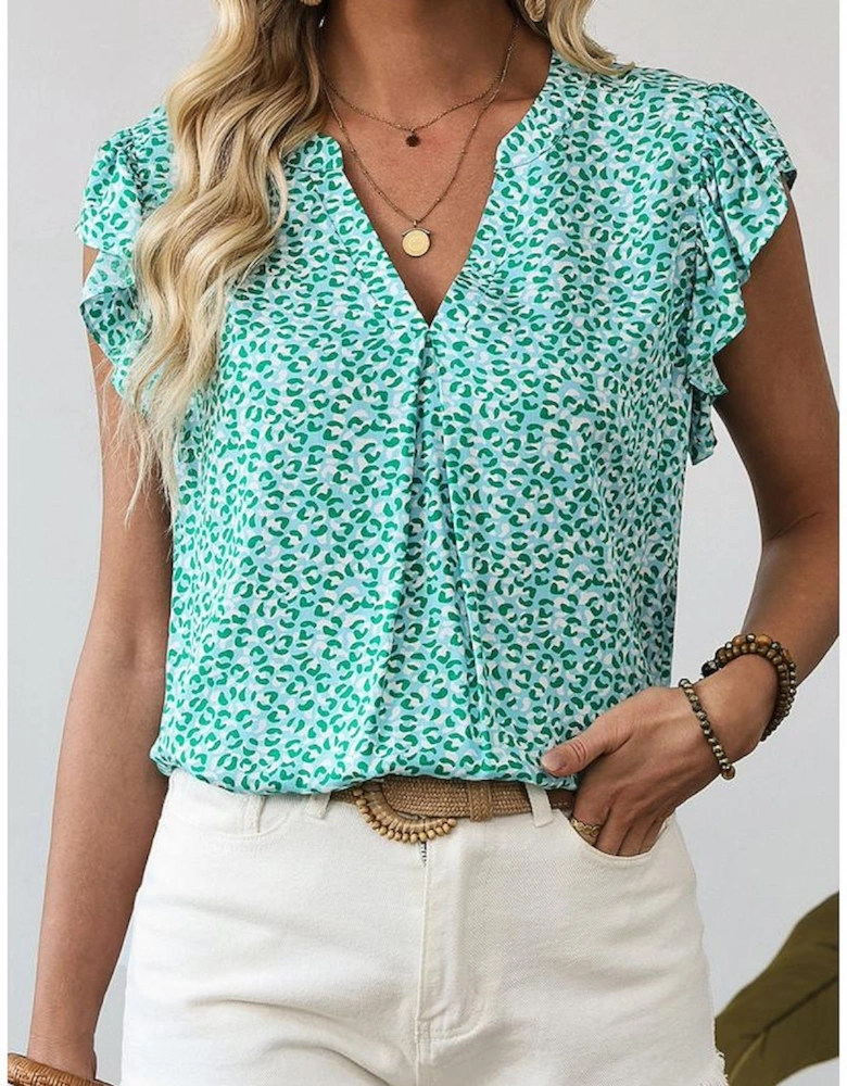 Green Notched V Neck Leopard Ruffle Short Sleeve Blouse