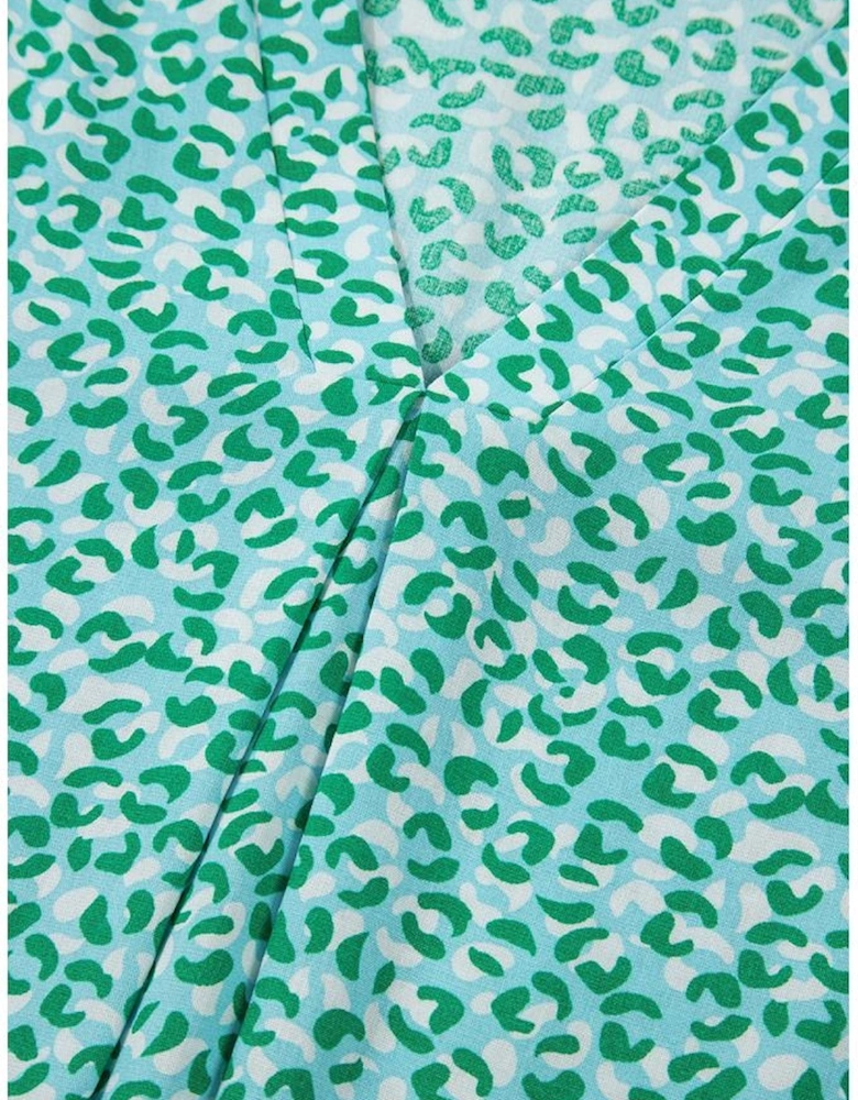 Green Notched V Neck Leopard Ruffle Short Sleeve Blouse