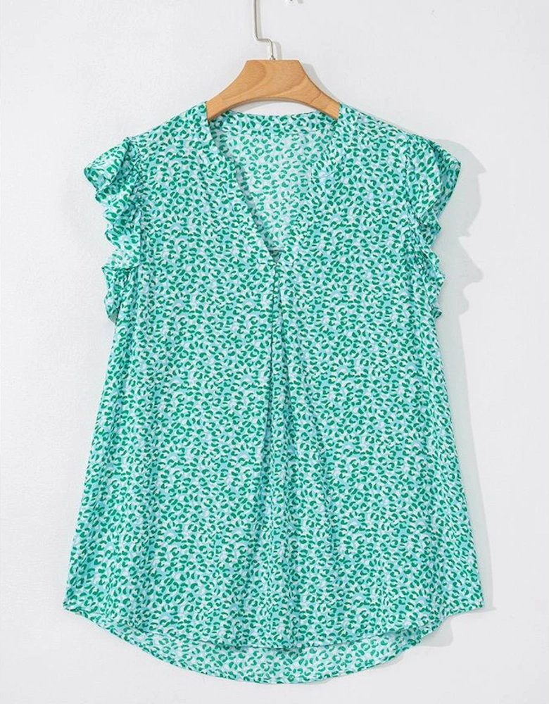 Green Notched V Neck Leopard Ruffle Short Sleeve Blouse