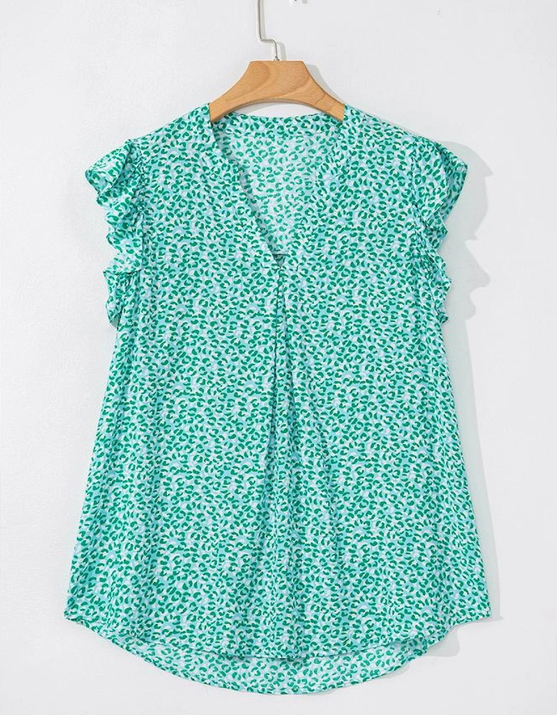 Green Notched V Neck Leopard Ruffle Short Sleeve Blouse