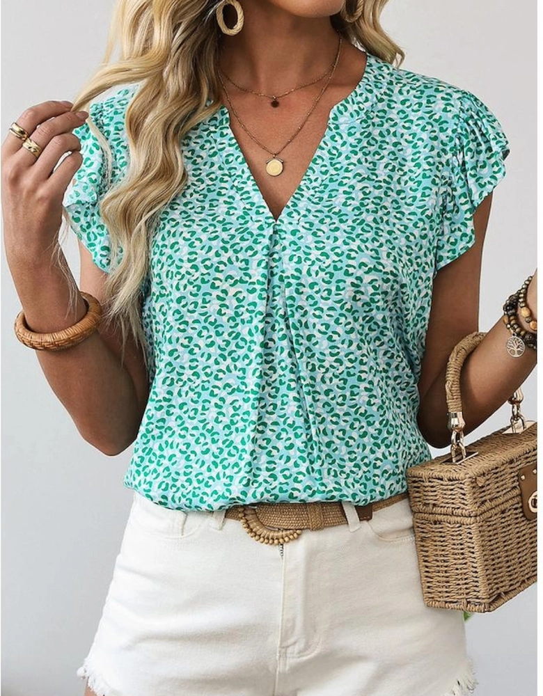 Green Notched V Neck Leopard Ruffle Short Sleeve Blouse