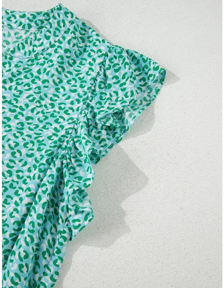 Green Notched V Neck Leopard Ruffle Short Sleeve Blouse