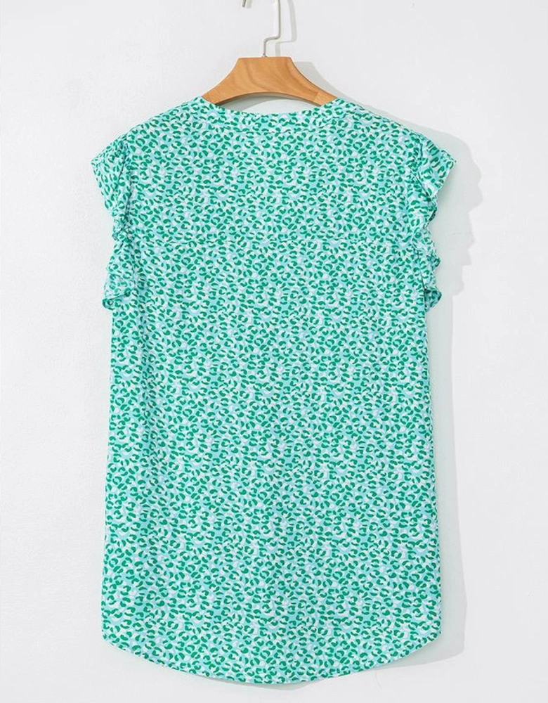Green Notched V Neck Leopard Ruffle Short Sleeve Blouse