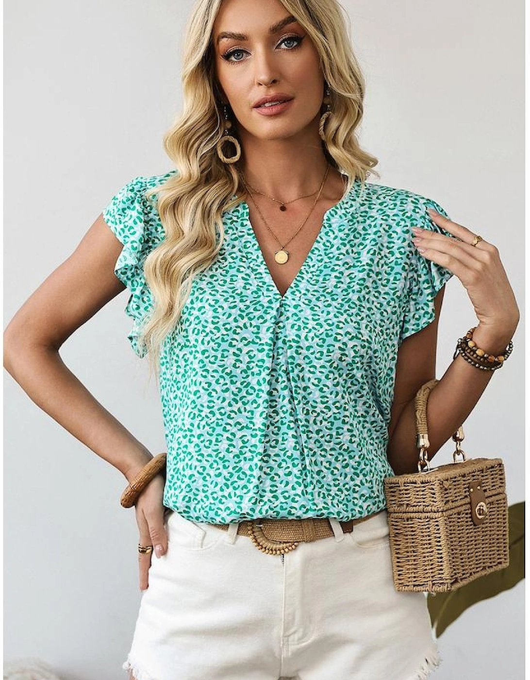 Green Notched V Neck Leopard Ruffle Short Sleeve Blouse