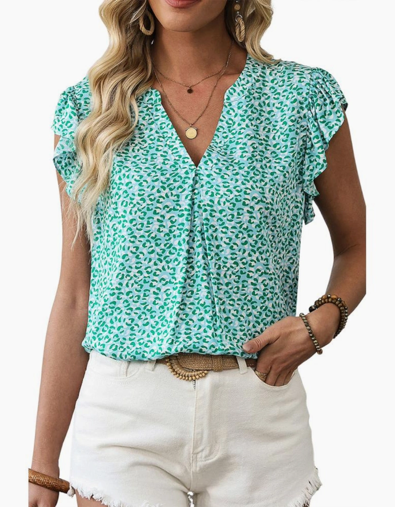 Green Notched V Neck Leopard Ruffle Short Sleeve Blouse