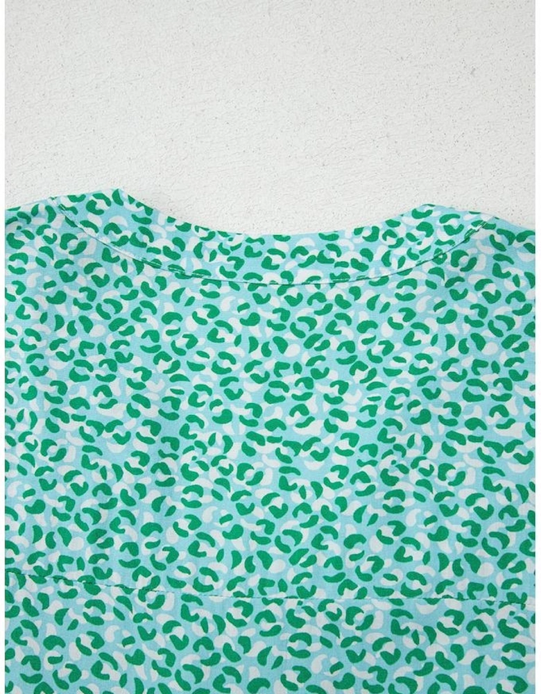 Green Notched V Neck Leopard Ruffle Short Sleeve Blouse