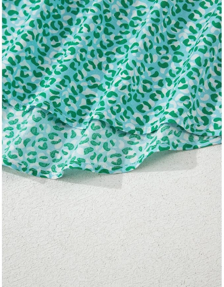 Green Notched V Neck Leopard Ruffle Short Sleeve Blouse