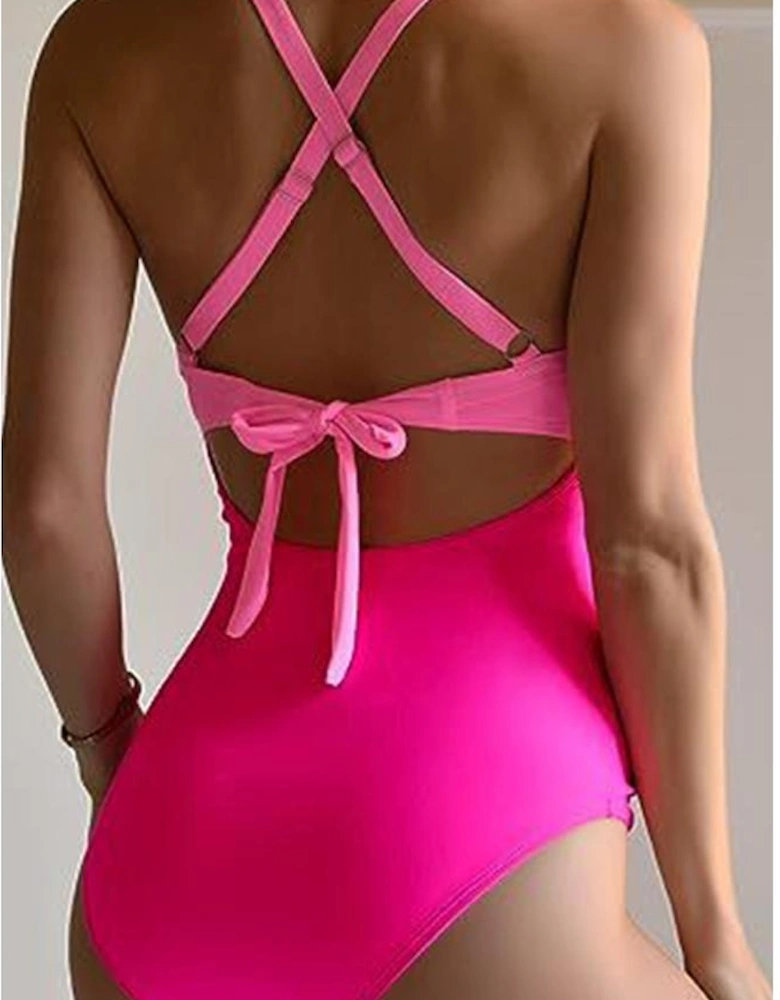 Pink 2-tone Crossed Cutout Backless Monokini