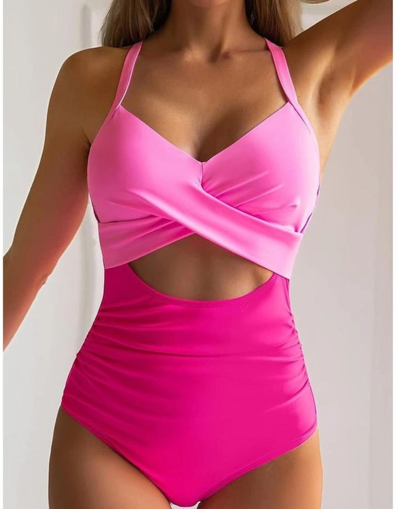 Pink 2-tone Crossed Cutout Backless Monokini