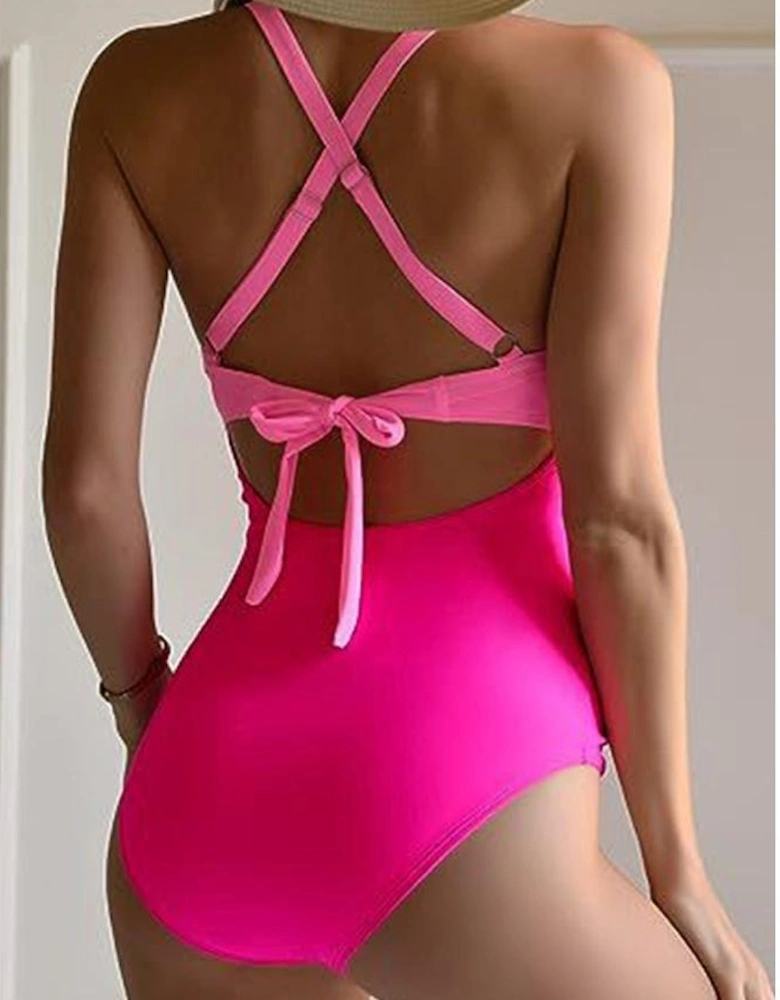 Pink 2-tone Crossed Cutout Backless Monokini