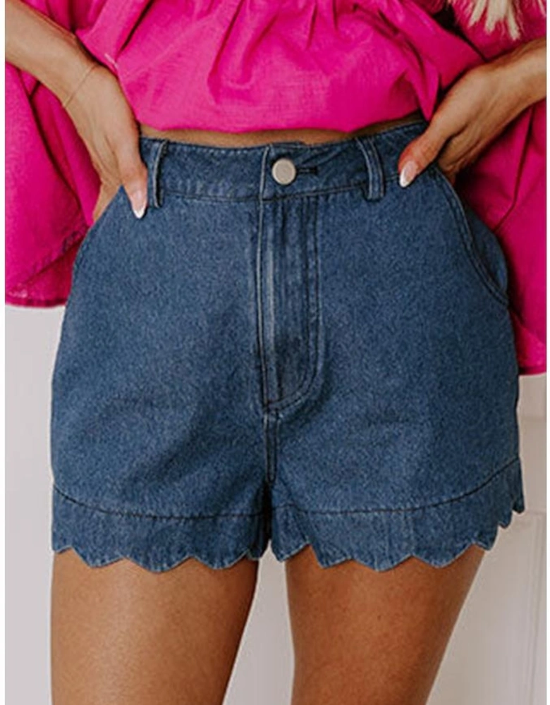 Sail Blue Scalloped Hemline Acid Wash High Waist Denim Shorts