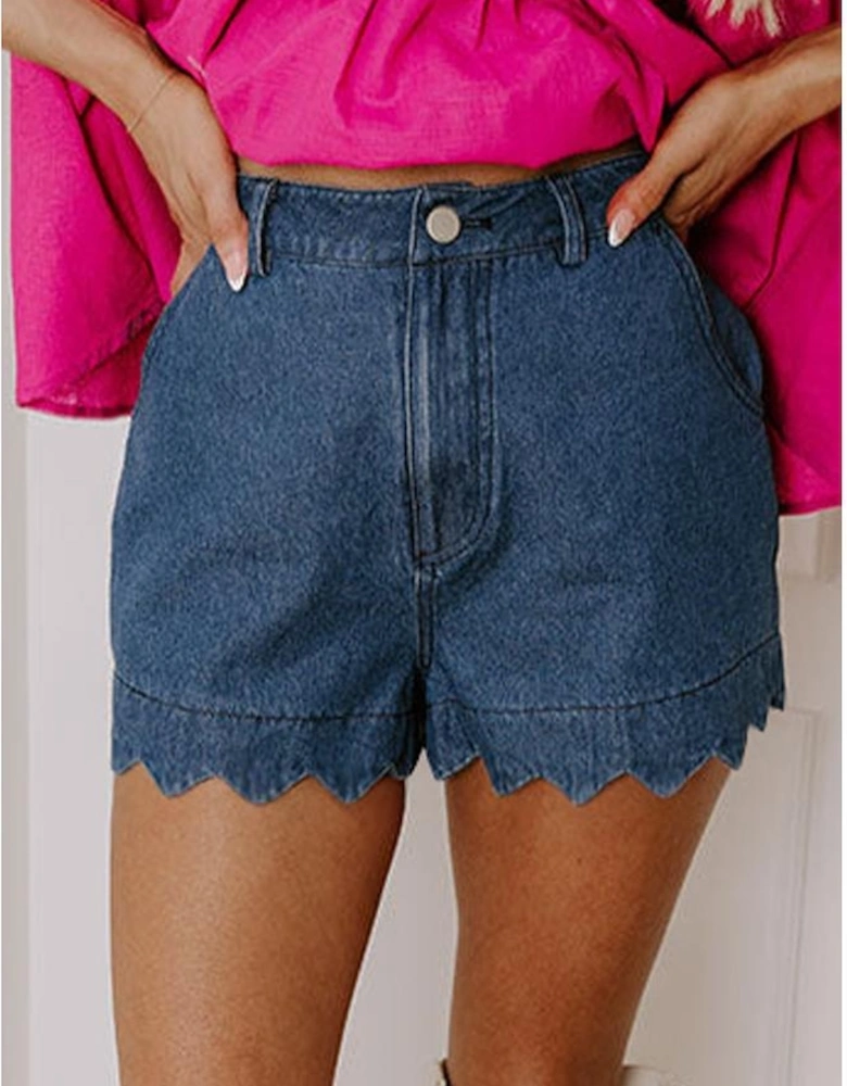 Sail Blue Scalloped Hemline Acid Wash High Waist Denim Shorts