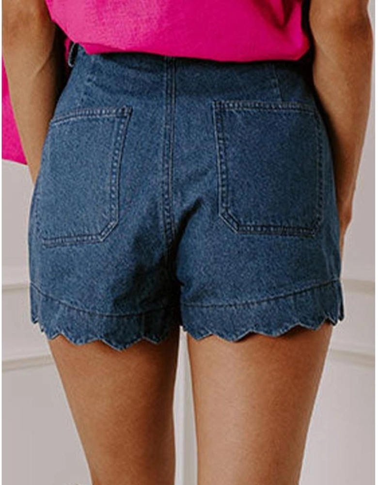Sail Blue Scalloped Hemline Acid Wash High Waist Denim Shorts