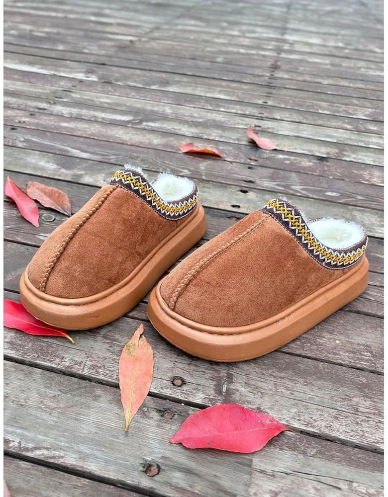 Azura Exchange Chestnut Contrast Edge Suede Plush Lined Thick Sole Winter Slippers