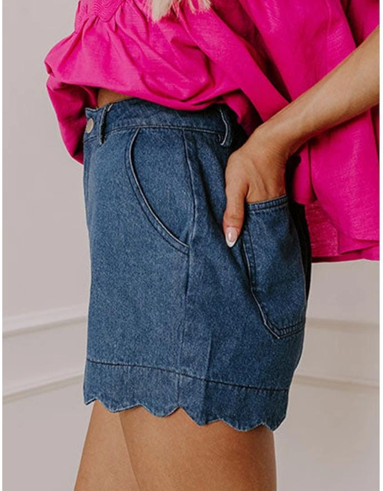 Sail Blue Scalloped Hemline Acid Wash High Waist Denim Shorts
