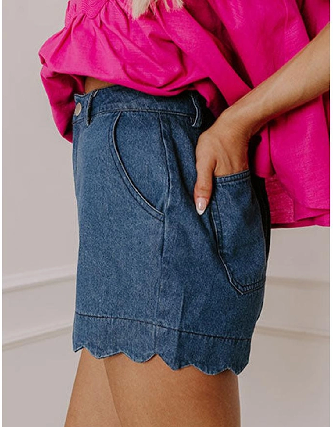 Sail Blue Scalloped Hemline Acid Wash High Waist Denim Shorts