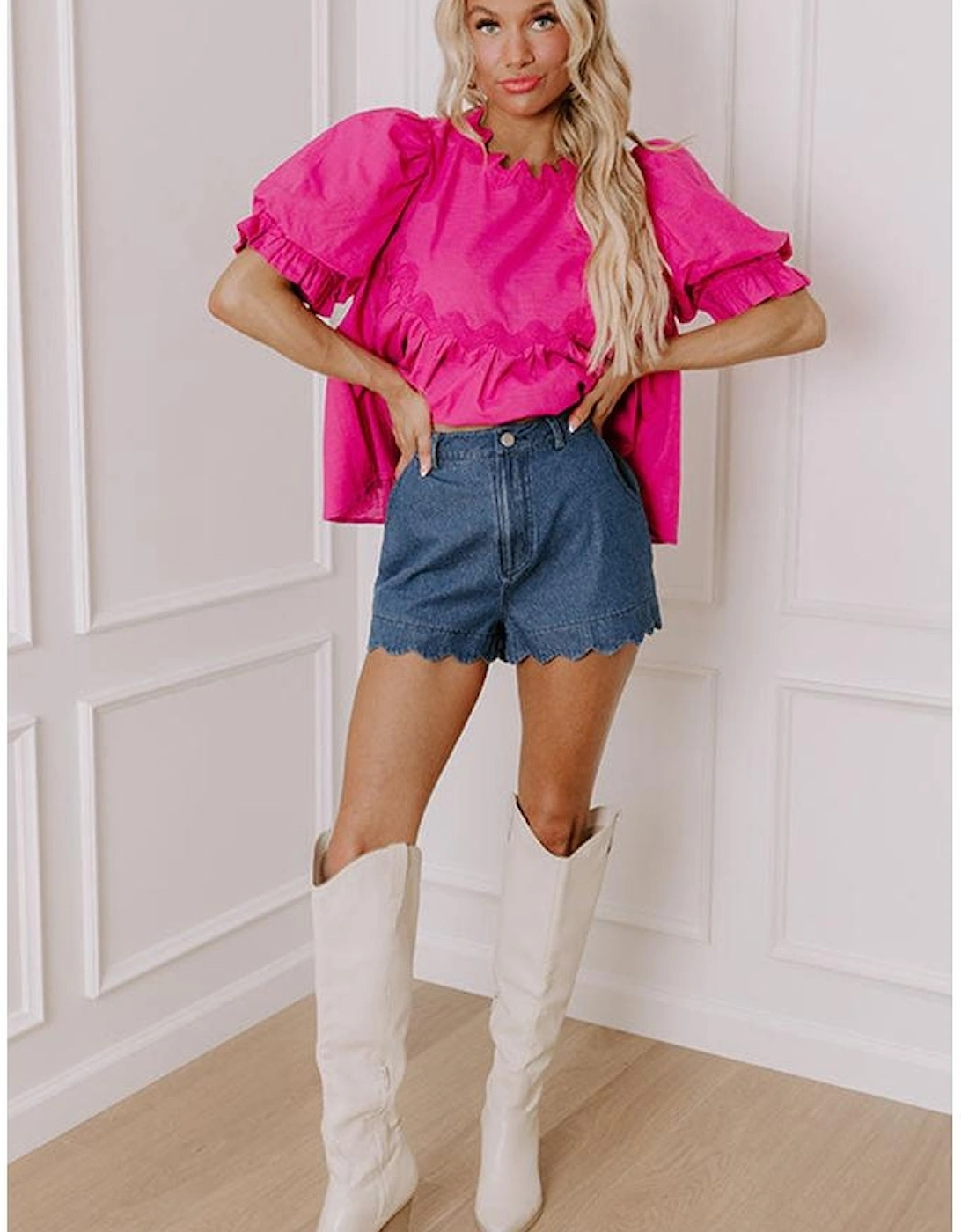 Sail Blue Scalloped Hemline Acid Wash High Waist Denim Shorts