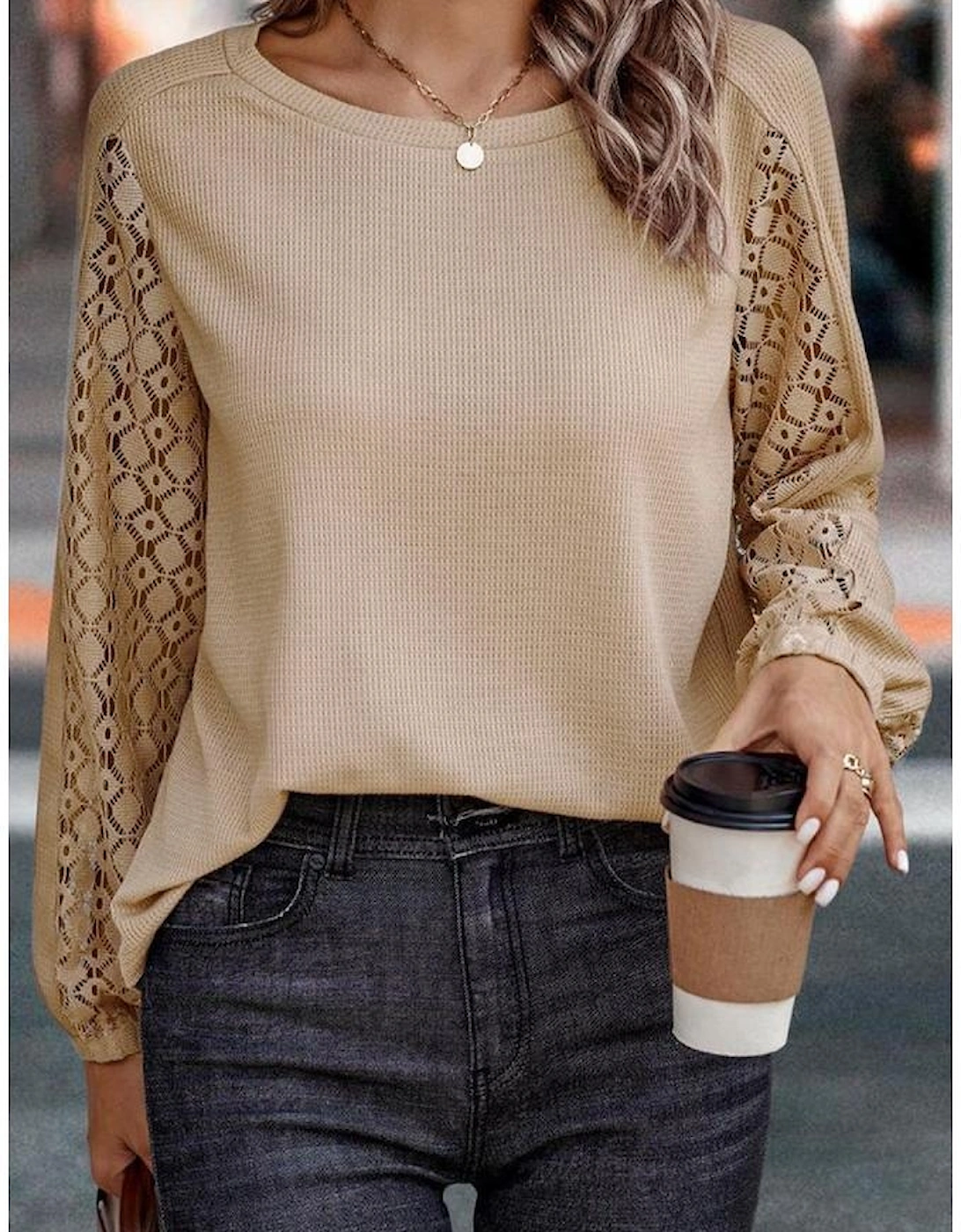 Flaxen Lace Patch Sleeve Waffle Knit Top
