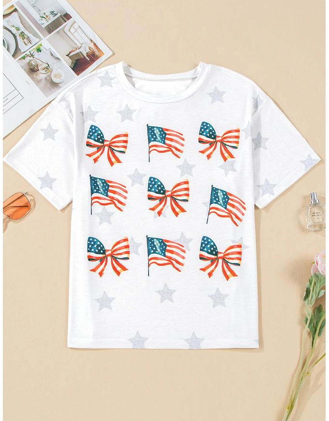 Khaki Patriotic Flag Bow Graphic Starry Round Neck T Shirt, 10 of 9