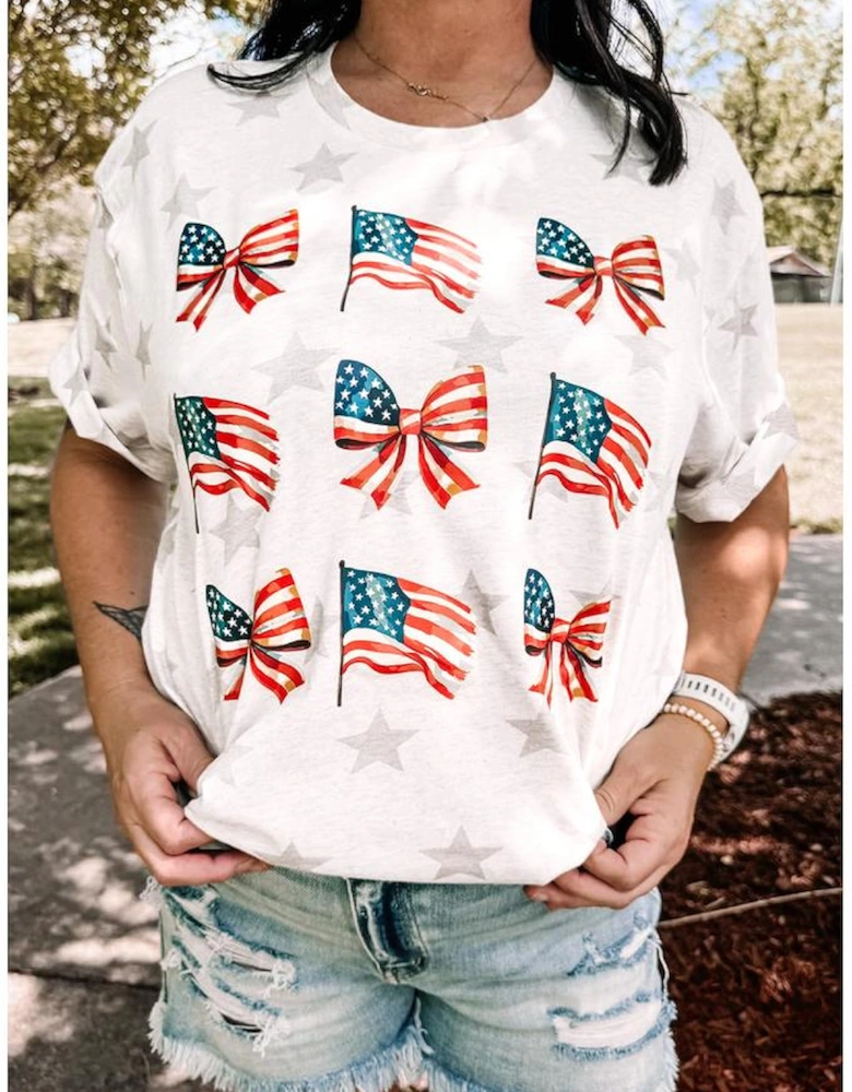Khaki Patriotic Flag Bow Graphic Starry Round Neck T Shirt