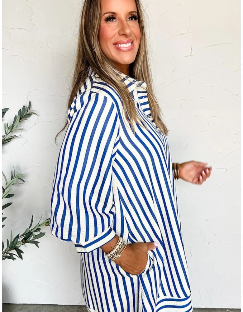 Blue Stripe Collared Half Button Side Pockets Loose Fit Mini Dress