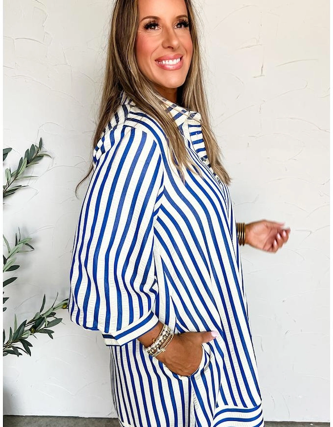 Blue Stripe Collared Half Button Side Pockets Loose Fit Mini Dress