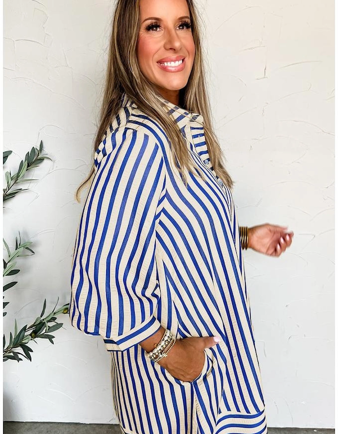 Blue Stripe Collared Half Button Side Pockets Loose Fit Mini Dress