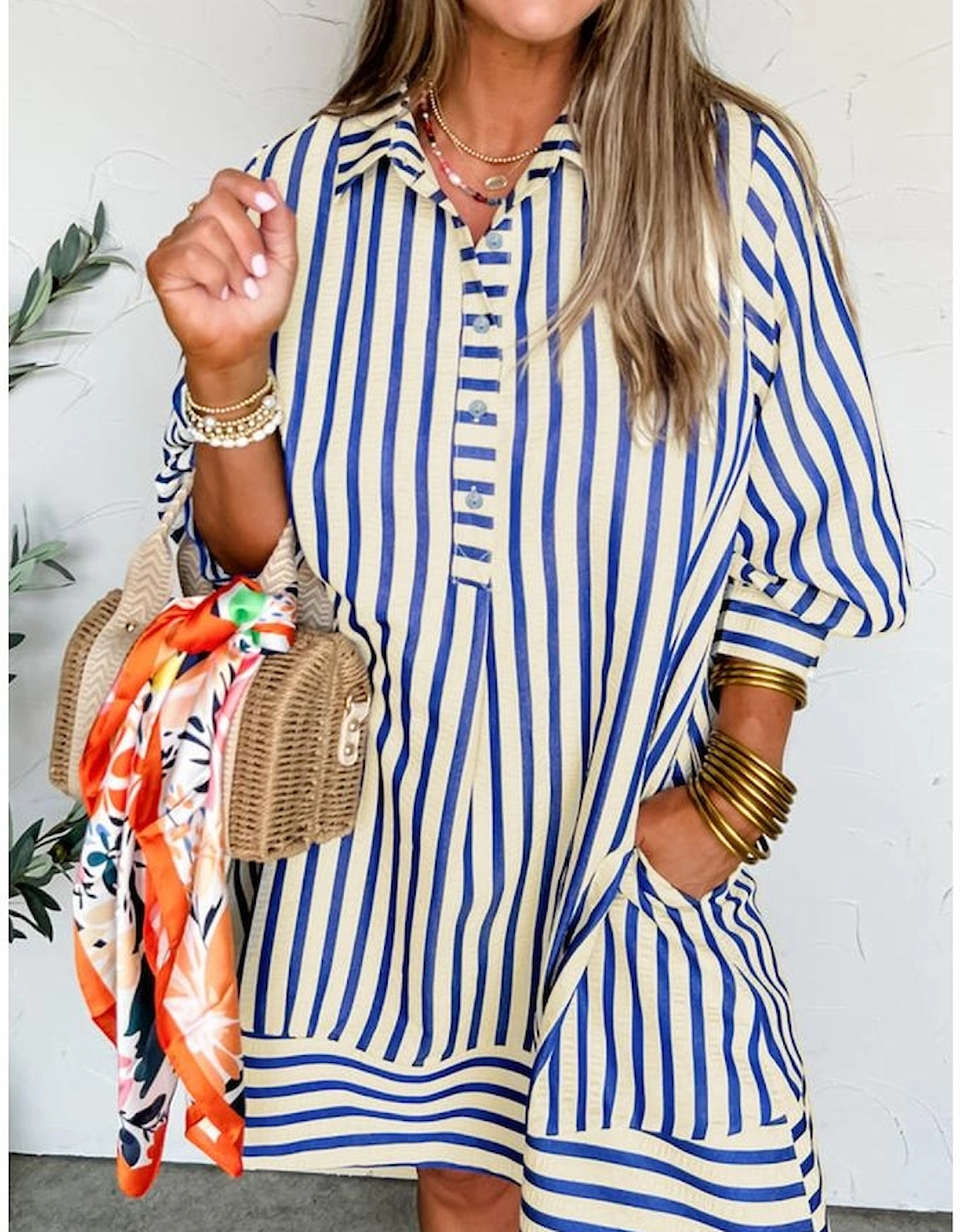 Blue Stripe Collared Half Button Side Pockets Loose Fit Mini Dress