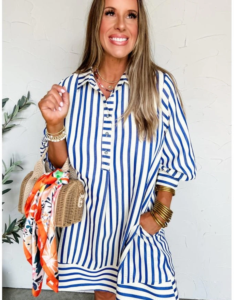 Blue Stripe Collared Half Button Side Pockets Loose Fit Mini Dress