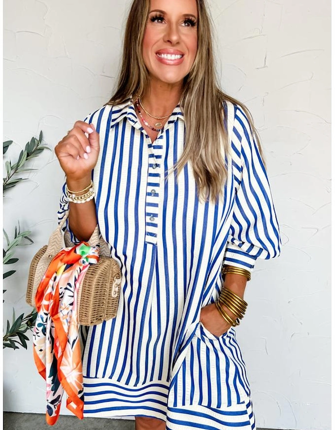 Blue Stripe Collared Half Button Side Pockets Loose Fit Mini Dress