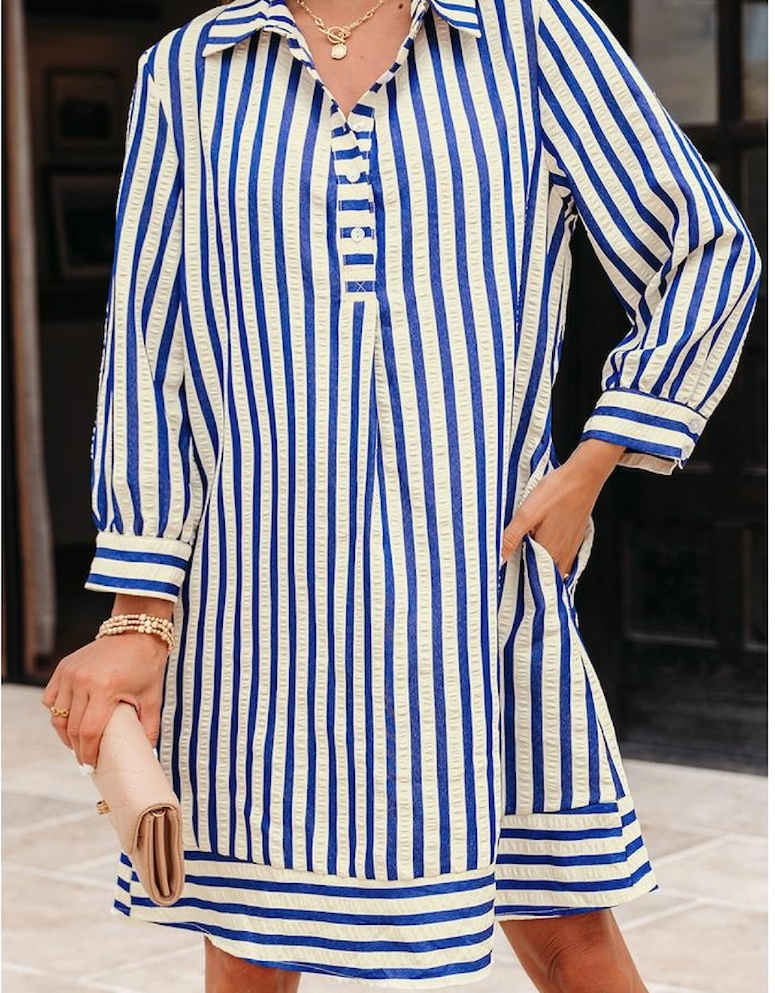 Blue Stripe Collared Half Button Side Pockets Loose Fit Mini Dress