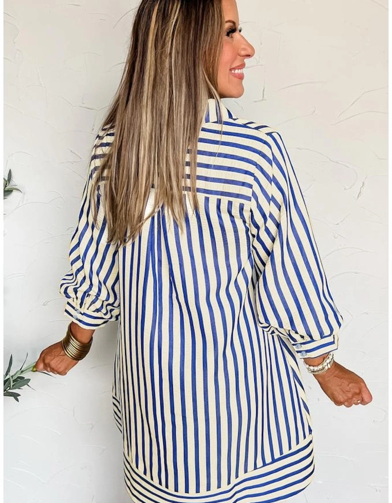 Blue Stripe Collared Half Button Side Pockets Loose Fit Mini Dress