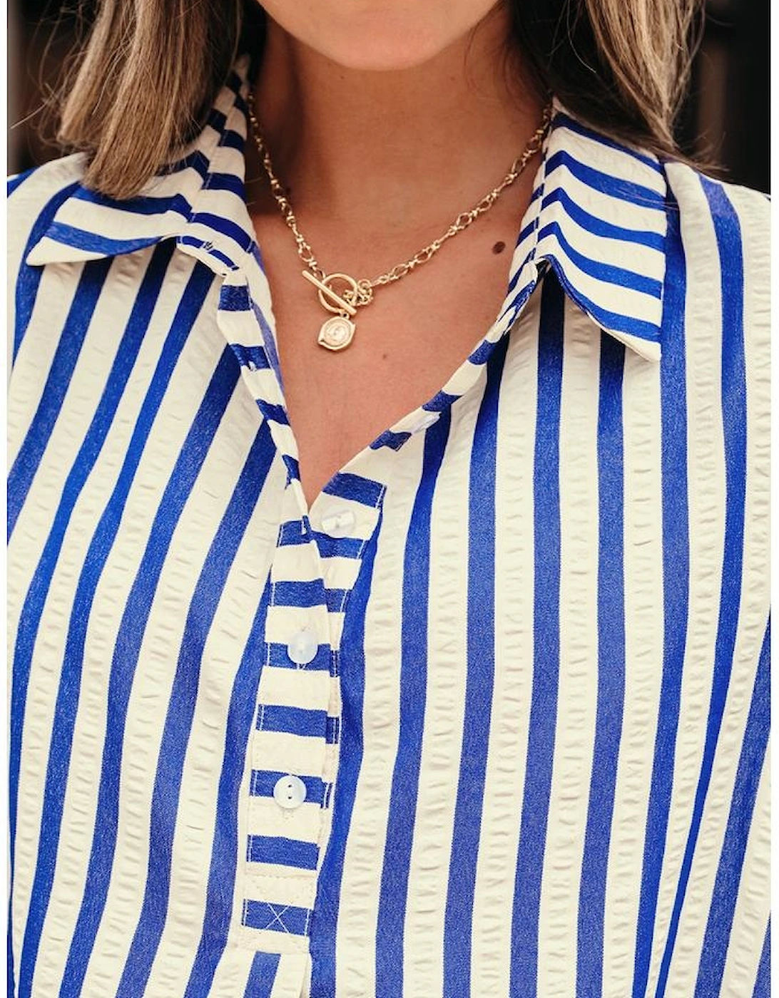 Blue Stripe Collared Half Button Side Pockets Loose Fit Mini Dress