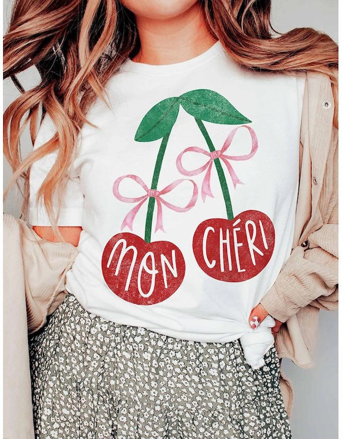 White MON CHERI Cherry Graphic Crewneck T shirt
